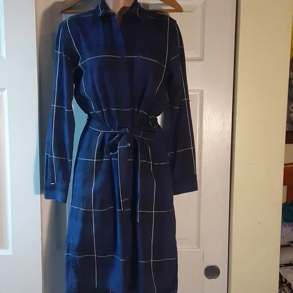 GAP Navy Plaid Shirt Dress Tie Waist – Size Small - Picture 3 of 7